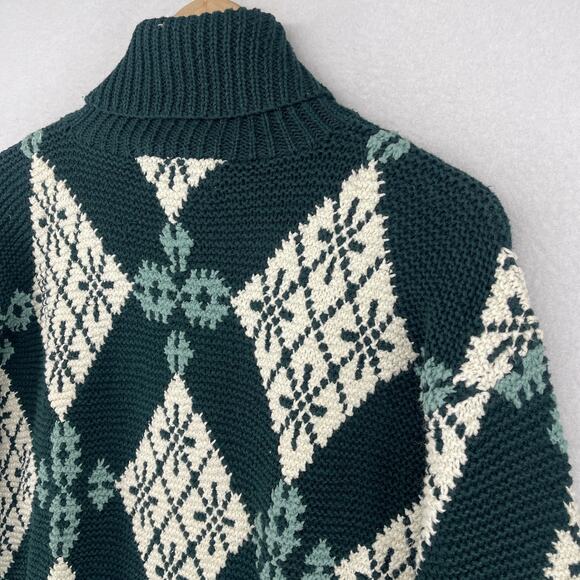 JONES NEW YORK Sweater Sport S Argyle Nordic Turtleneck Hand Knit Green Vintage - Picture 8 of 12
